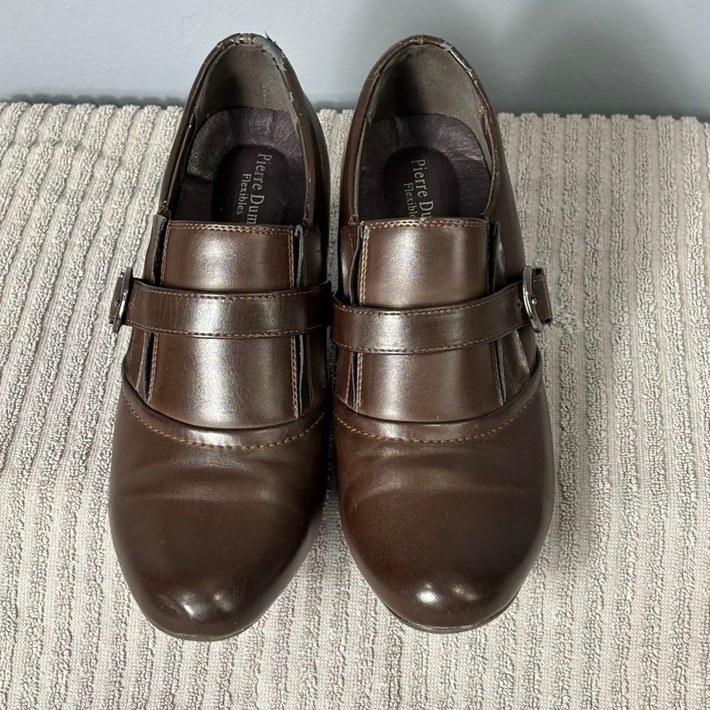 Pierre Dumas Flexibles Brown Heeled Loafers Buckle Strap Block Heel‎ 8.5